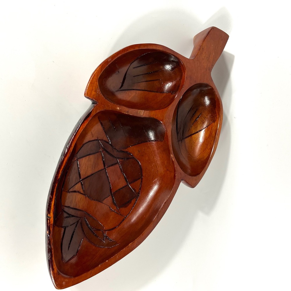 Vintage Hand-Carved Wooden Leaf Shaped Serving‎ Platter 3-Section Divided Tray